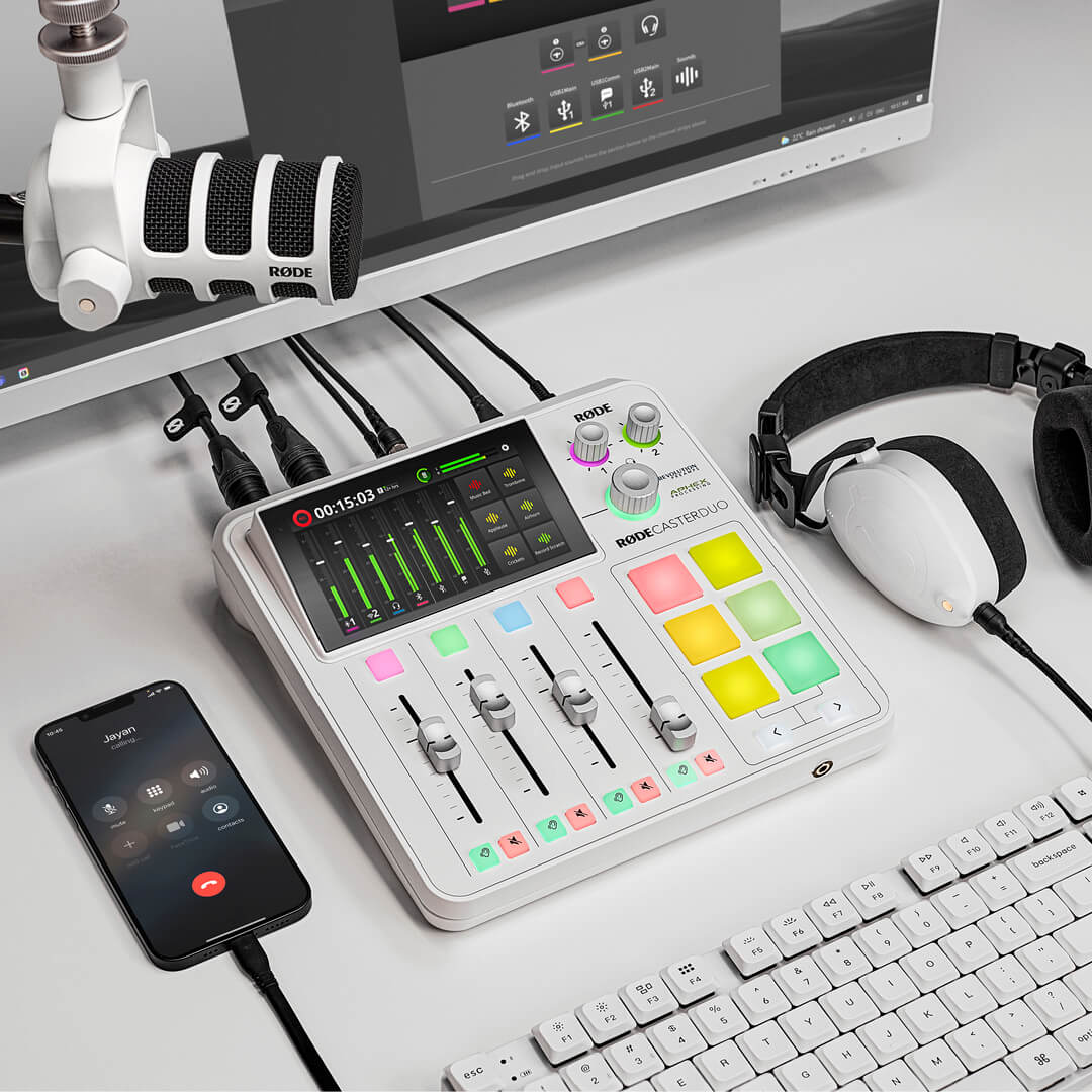Rode RodeCaster DUO audio interface with multiple input ports and controls, shown in a close-up shot highlighting its design.