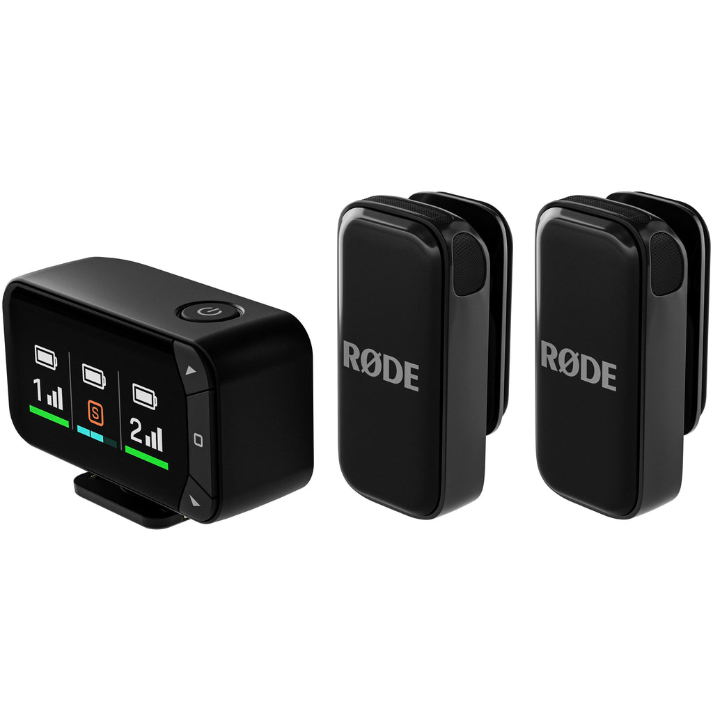 Rode Wireless Micro camera microphone kit with two wireless mics and receiver, ideal for professional video recording.