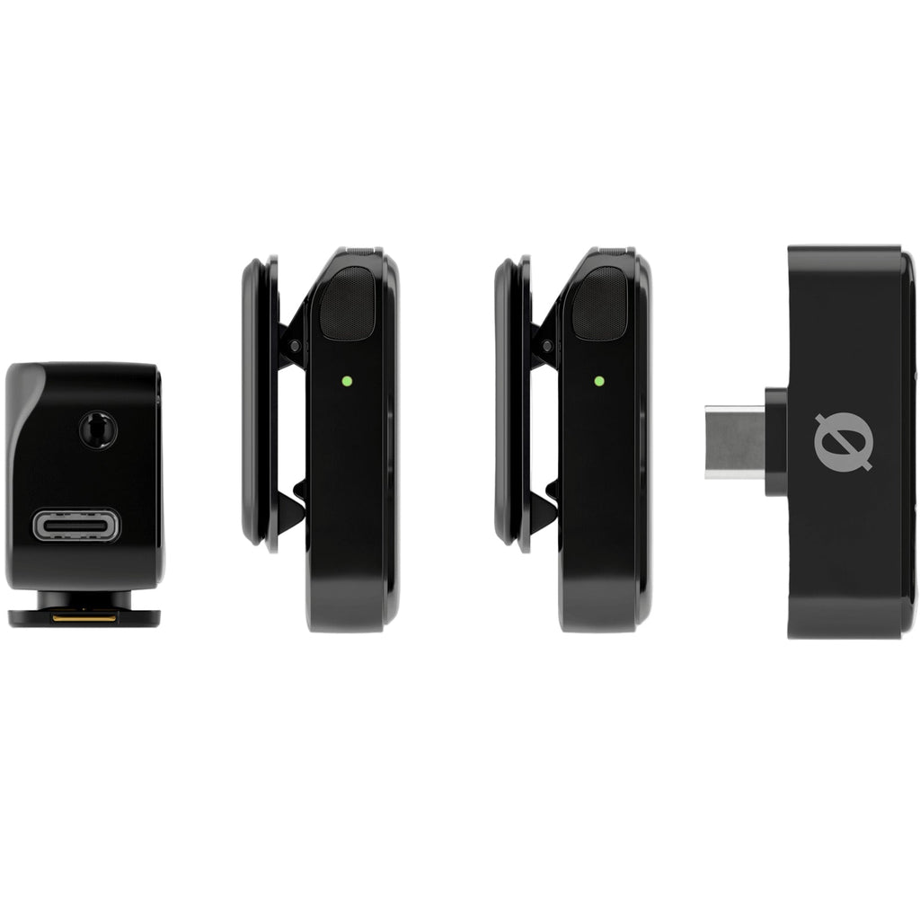 Rode Wireless Micro camera kit with microphone transmitter and receiver, shown from the side with a phone in a professional setup.