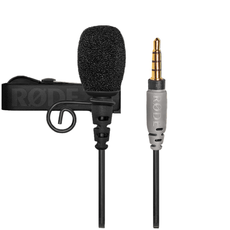 Rode SmartLav+ lavalier microphone with clip and cable, designed for wearable audio recording and voice capture.