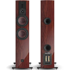 DALI Rubikore 6 passive floorstanding speakers in maroon, showcasing sleek design and premium build quality.