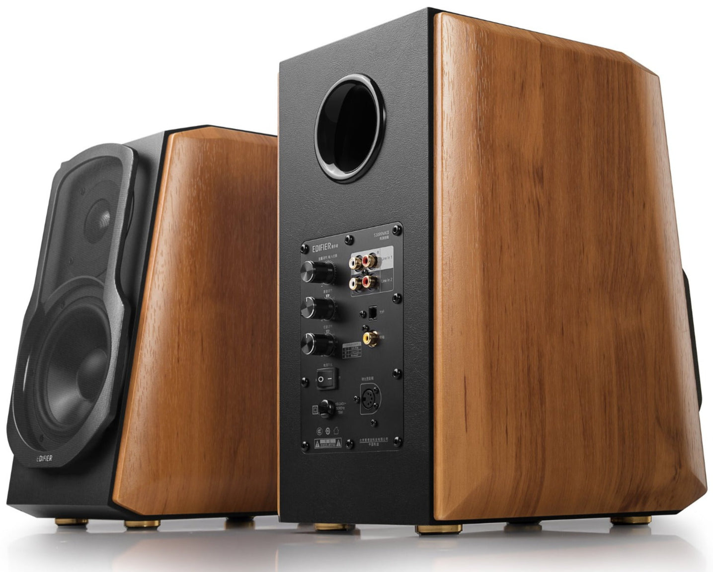 Edifier S1000MKII desktop speakers with black wood finish and dual speaker units on a desk setup.