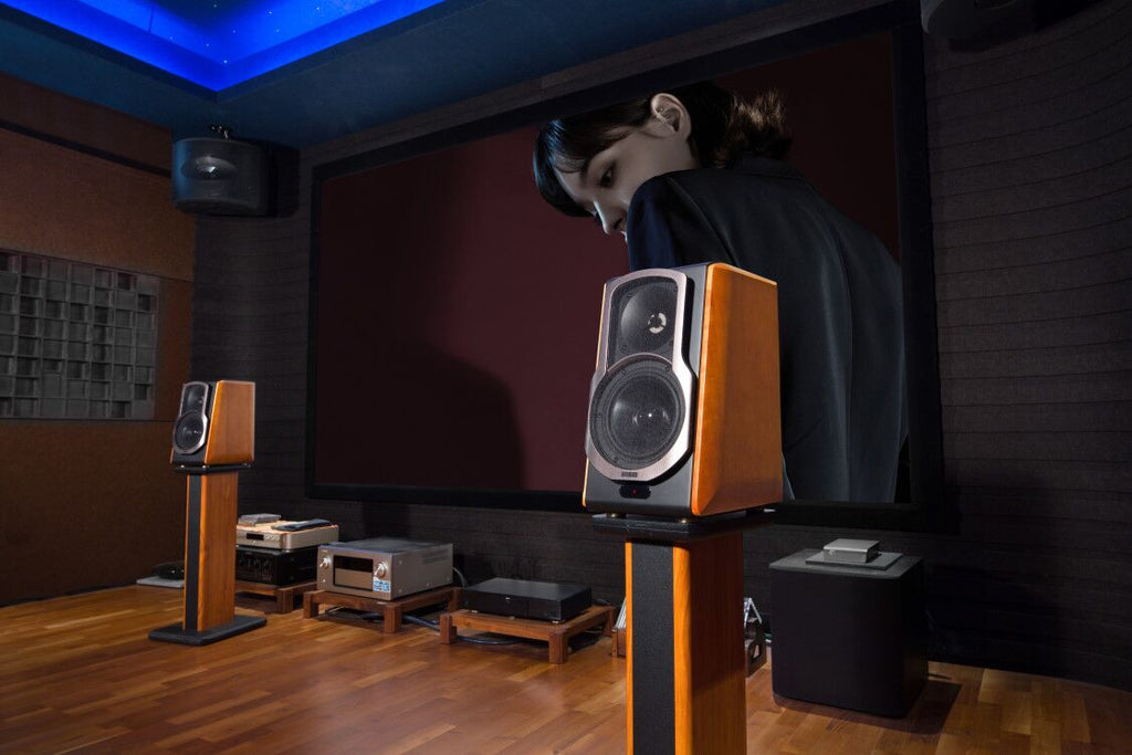 Edifier S1000MKII desktop speakers with stylish stands, showcasing sleek black design and premium audio quality.