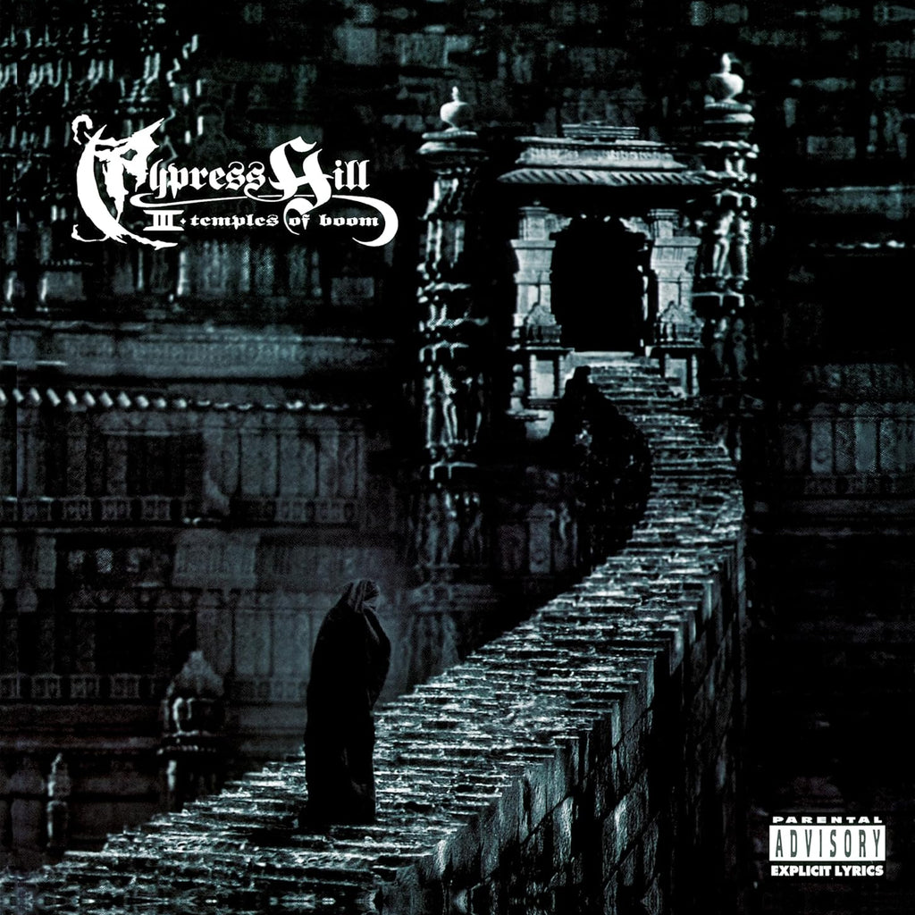 Black vinyl 2LP of Cypress Hill III (Temples Of Boom) album, Columbia Records hip-hop and rap music double record on the turntable.