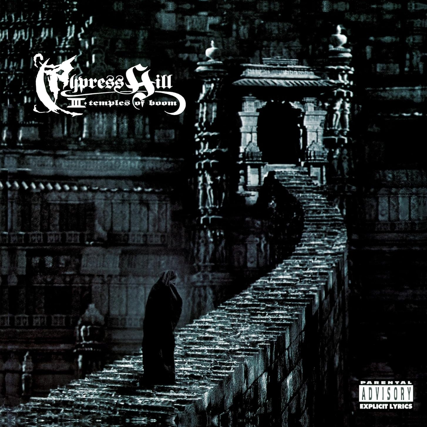 Black vinyl 2LP of Cypress Hill III (Temples Of Boom) album, Columbia Records hip-hop and rap music double record on the turntable.