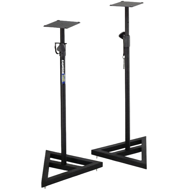 Pair of Samson MS200 Studio Monitor Stands with adjustable height and sturdy base for professional audio setup.