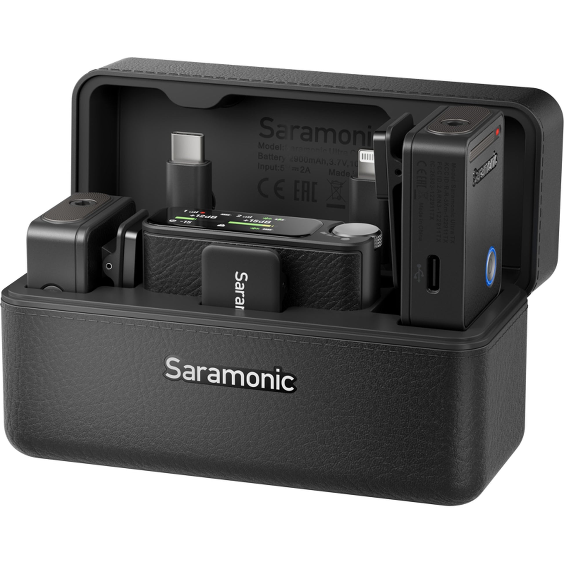 Saramonic Ultra Creator Wireless Microphone System in black, compact design with microphone and receiver components.