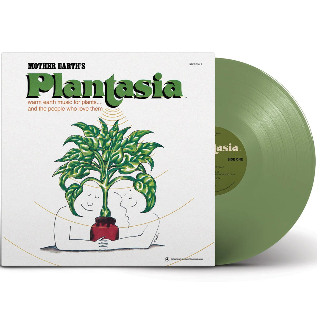 Green vinyl LP of Mort Garson's Mother Earth's Plantasia by Sacred Bones Records, featuring colorful album artwork.