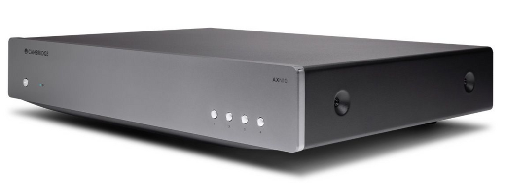 Screenshot of Cambridge Audio AXN10 music streamer interface showing network connection options and playback controls.
