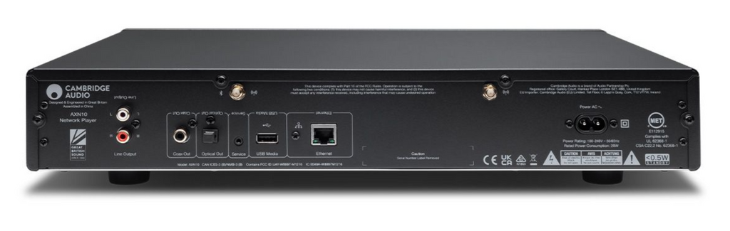 Cambridge Audio AXN10 music streamer displayed on screen, showing user interface and streaming options on a digital device.