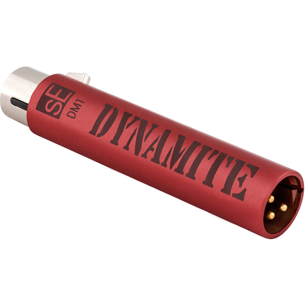 SE Electronics DM1 Dynamite microphone preamp device shown in close-up with controls and connectors visible.