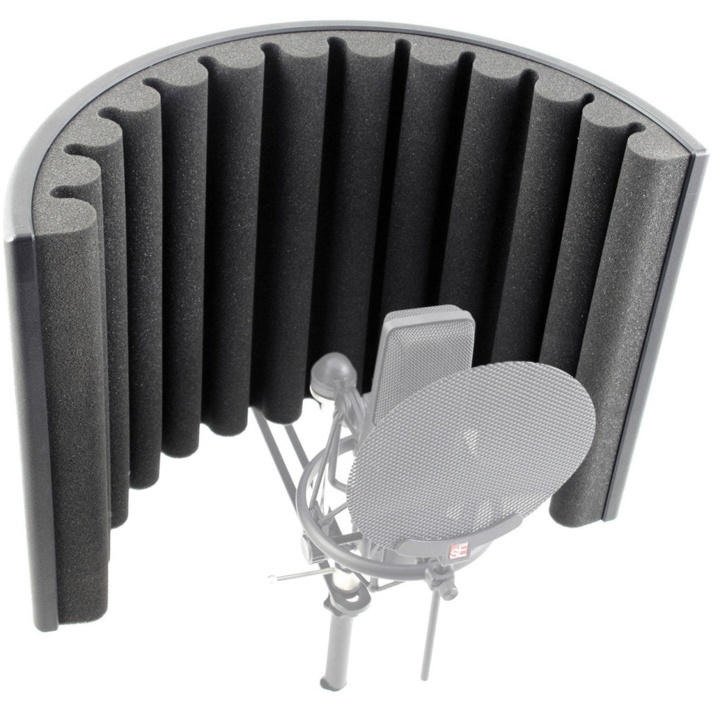 SE Electronics Reflexion Filter X reflection filter for studio recording, with adjustable mounting and foam-lined interior.