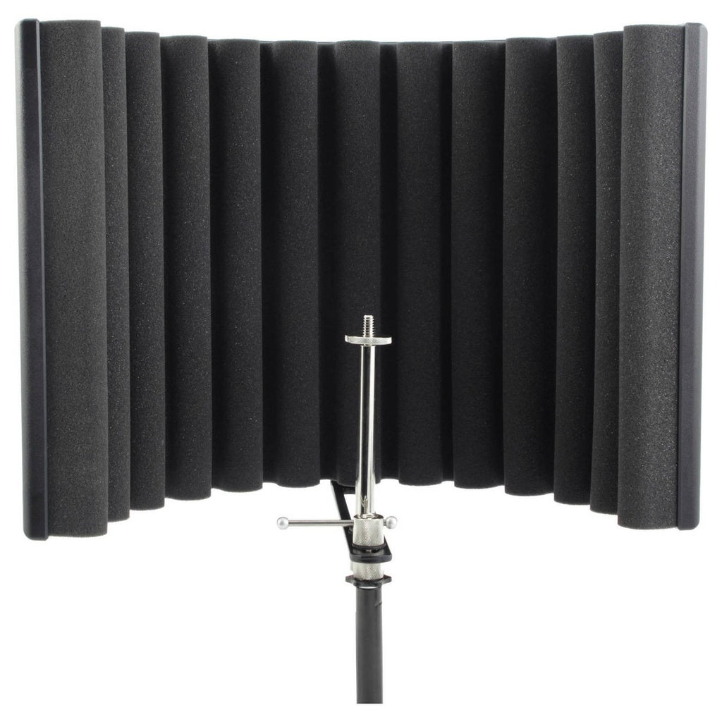 SE Electronics Reflexion Filter X reflection filter for studio recording, showing the portable sound absorption shield in a recording setup.
