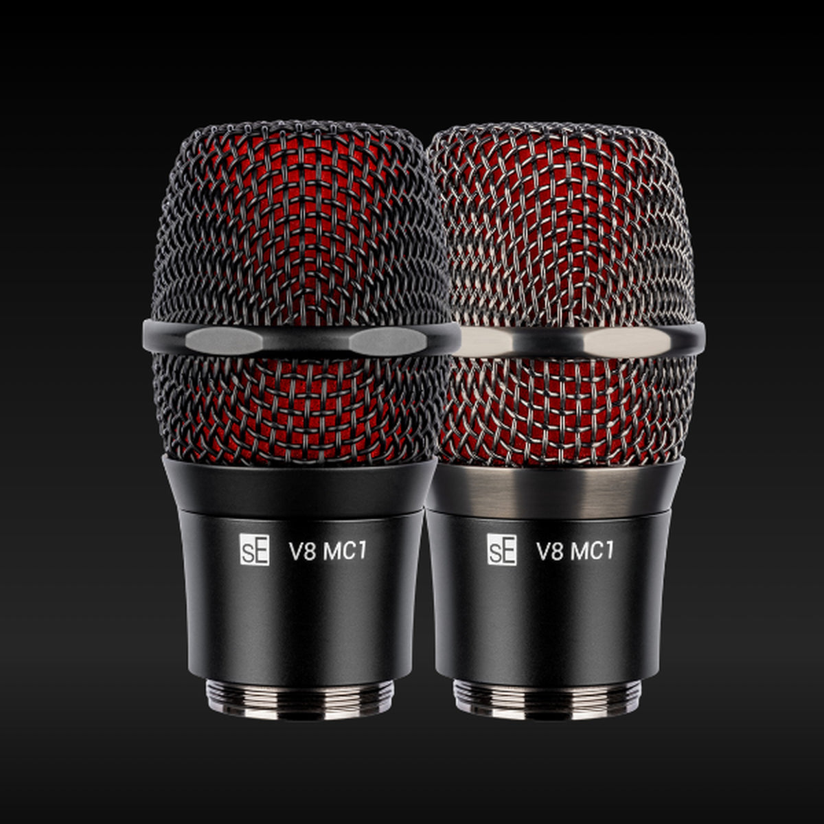 sE Electronics V8 MC1 capsules in Black and Graphite Grey on a dark background