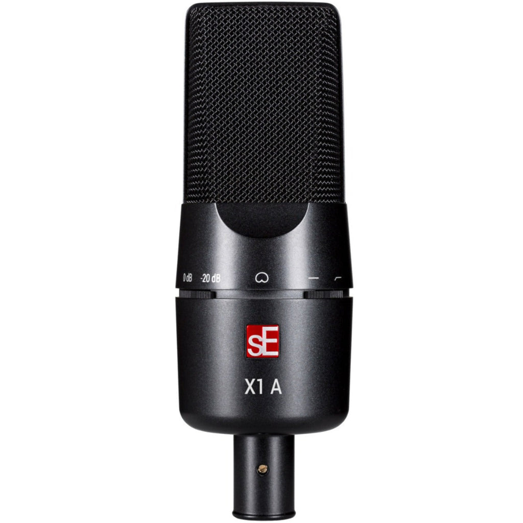 sE Electronics X1 A condenser microphone mounted on a stand, showcasing its professional audio equipment design.