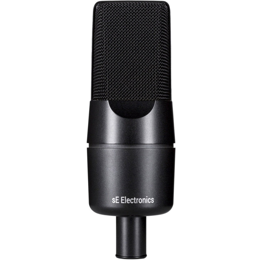 SE Electronics X1 A condenser microphone with black body and metal grille for studio recording and vocals.