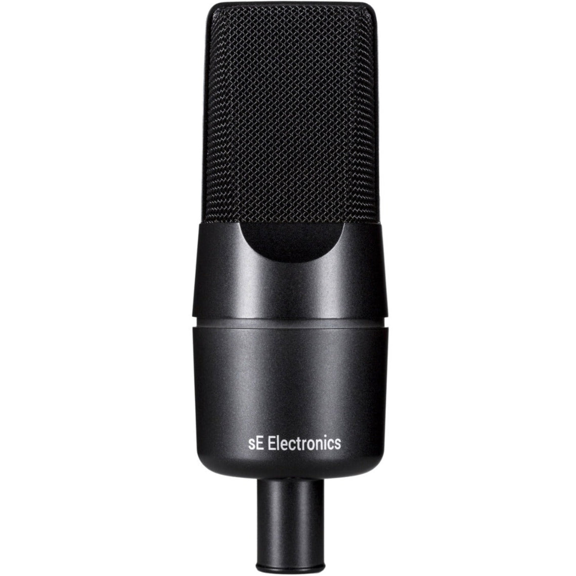 SE Electronics X1 A condenser microphone with black body and metal grille for studio recording and vocals.
