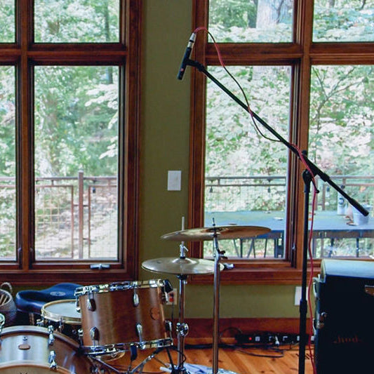 Pair of sE Electronics sE7 condenser microphones shown with black bodies and gold accents, ideal for studio recording.