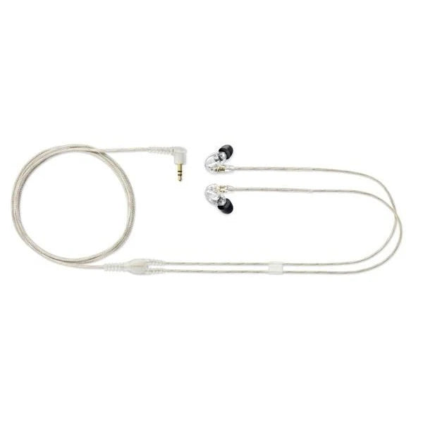 Shure SE215 wired in-ear headphones with clear sound isolation and black ear tips, shown in the image.