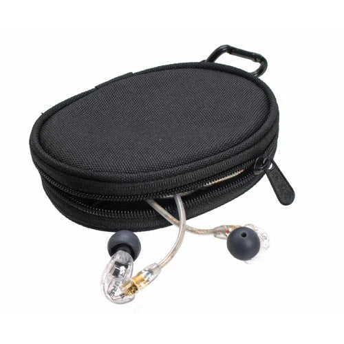 Shure SE215 wired in-ear headphones with clear sound and black ear tips, close-up view of the earphones.