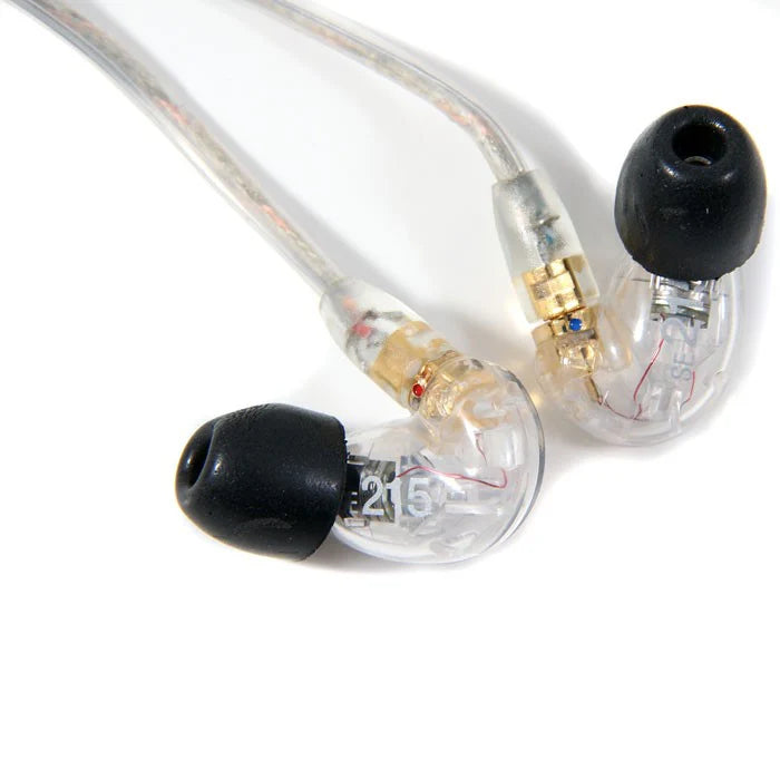Shure SE215 wired in-ear headphones with clear sound, black ear tips, and inline remote for smartphone control.