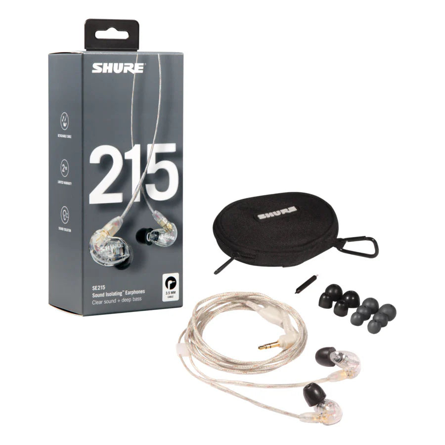 Shure SE215 wired in-ear headphones with clear silicone ear tips and black cable, designed for high-quality audio listening.