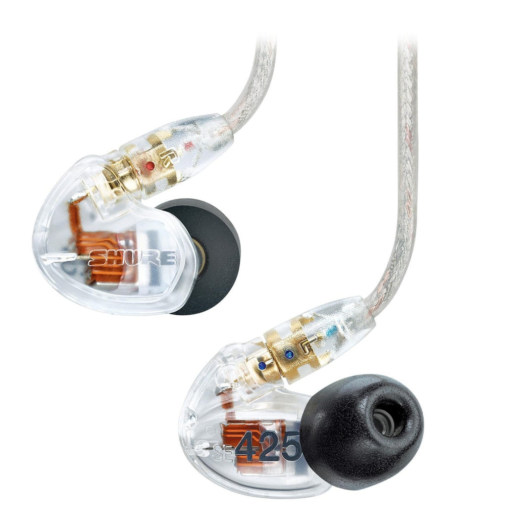 Shure SE425-CL wired in-ear headphones with clear ear tips and cable, designed for professional audio and immersive sound.