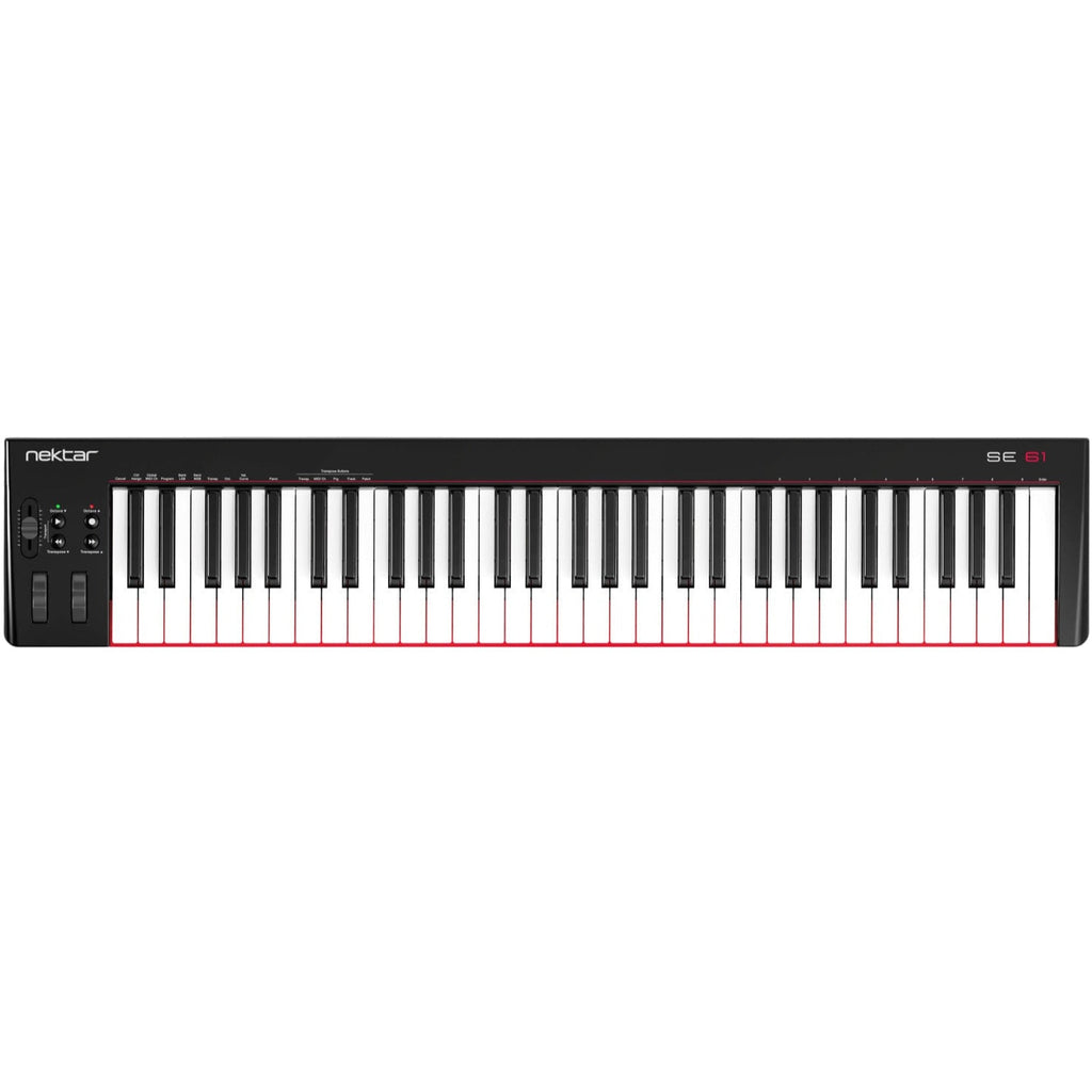 Nektar SE61 MIDI keyboard with 61 keys, compact design, and control knobs, ideal for music production and live performances.