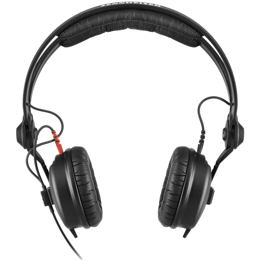 Sennheiser HD 25 DJ headphones, in black, front view with straight cable