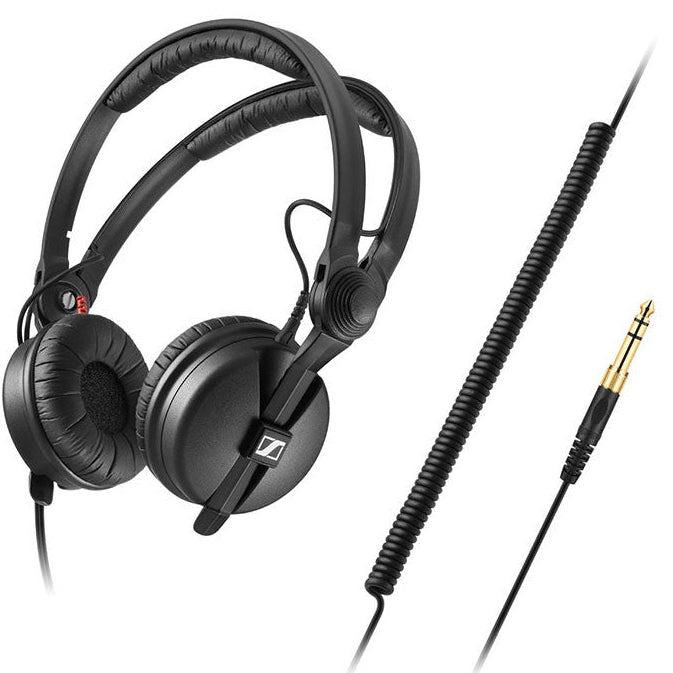 Sennheiser HD 25 Plus DJ headphones with over-ear design, adjustable headband, and coiled audio cable for professional sound.