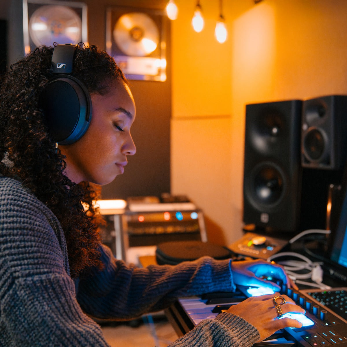 Sennheiser HD 480 Pro Plus studio headphones worn by a person, showing over-ear design and padded headband for professional audio use.