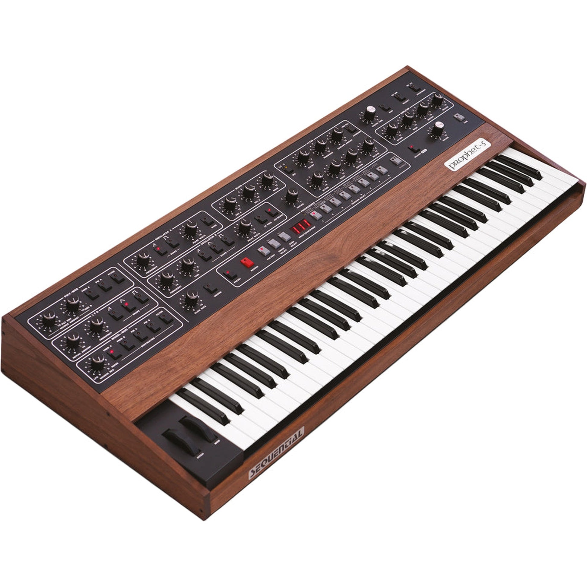 Sequential Prophet-10 synthesizer with vintage-style control panel and dual keyboard, showcasing its classic design and multiple audio outputs.