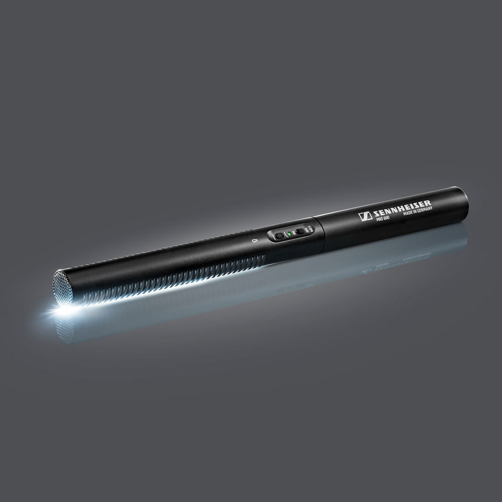 Sennheiser MKE 600 shotgun microphone shown from the side, designed for professional audio recording and filmmaking.