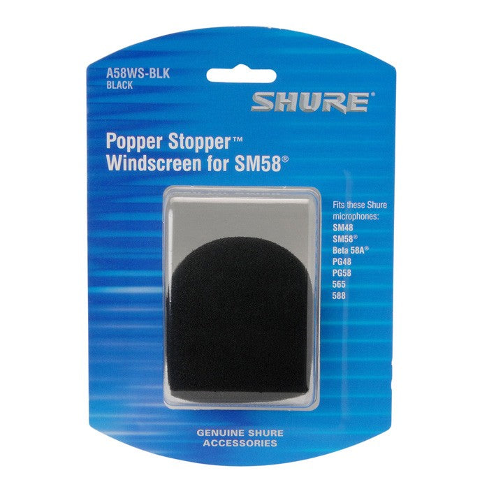 Black Shure A58WS microphone windscreen, foam wind cover for Shure microphones, enhancing audio quality and reducing wind noise.