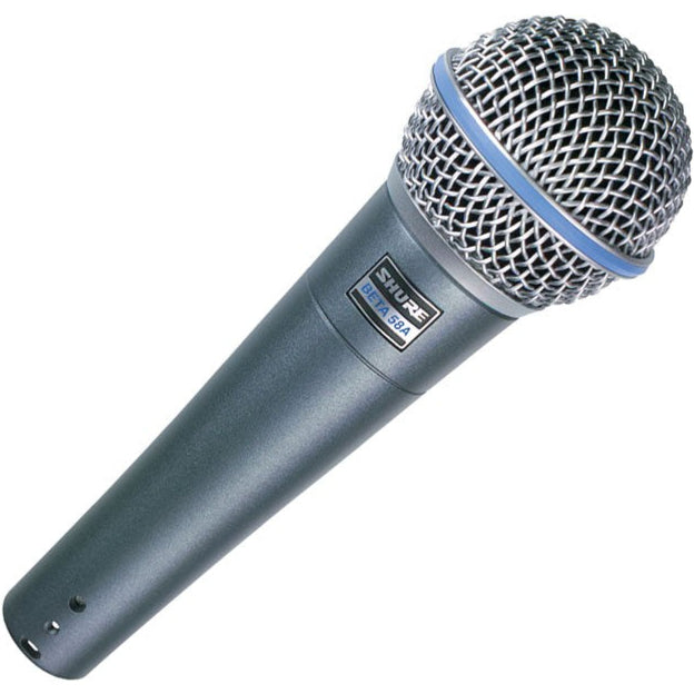 Shure Beta 58A dynamic microphone with cardioid polar pattern, black metal body, and built-in pop filter for vocals and live performances.