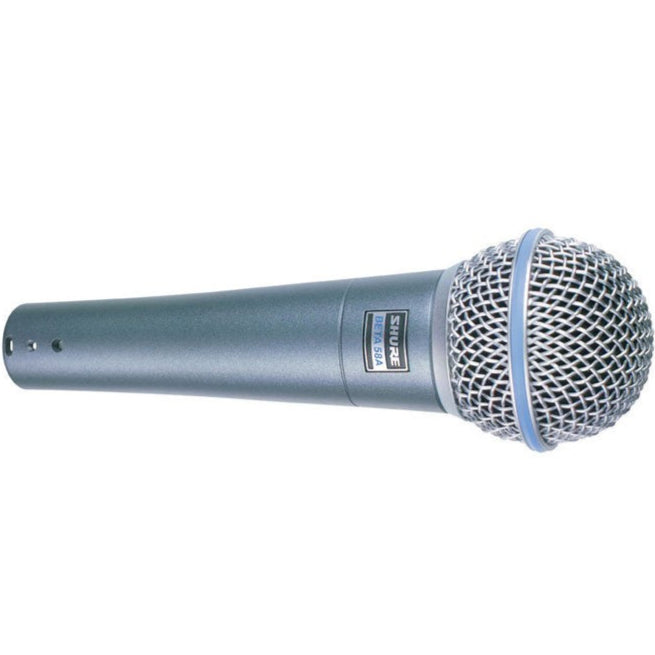 Shure Beta 58A dynamic microphone with a metal grille and black body, designed for professional vocals and live sound applications.