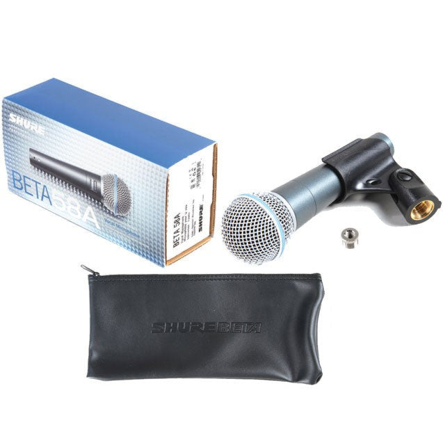Shure Beta 58A dynamic microphone with cardioid polar pattern, mounted on a stand for vocal performance or live sound.