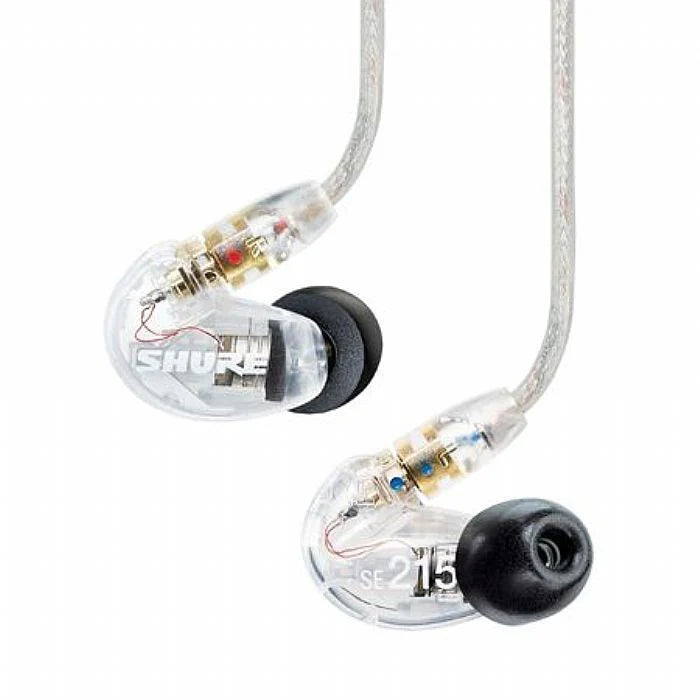 Shure SE215 wired in-ear headphones with clear ear tips and inline remote, designed for high-quality sound and noise isolation.