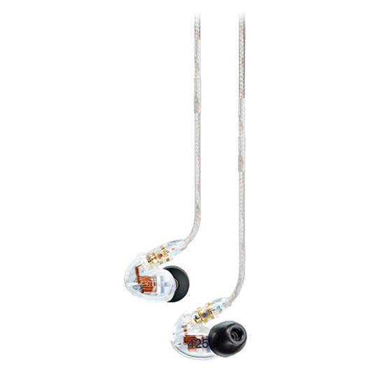 Shure SE425-CL wired in-ear headphones with clear earphones and inline remote on a white background