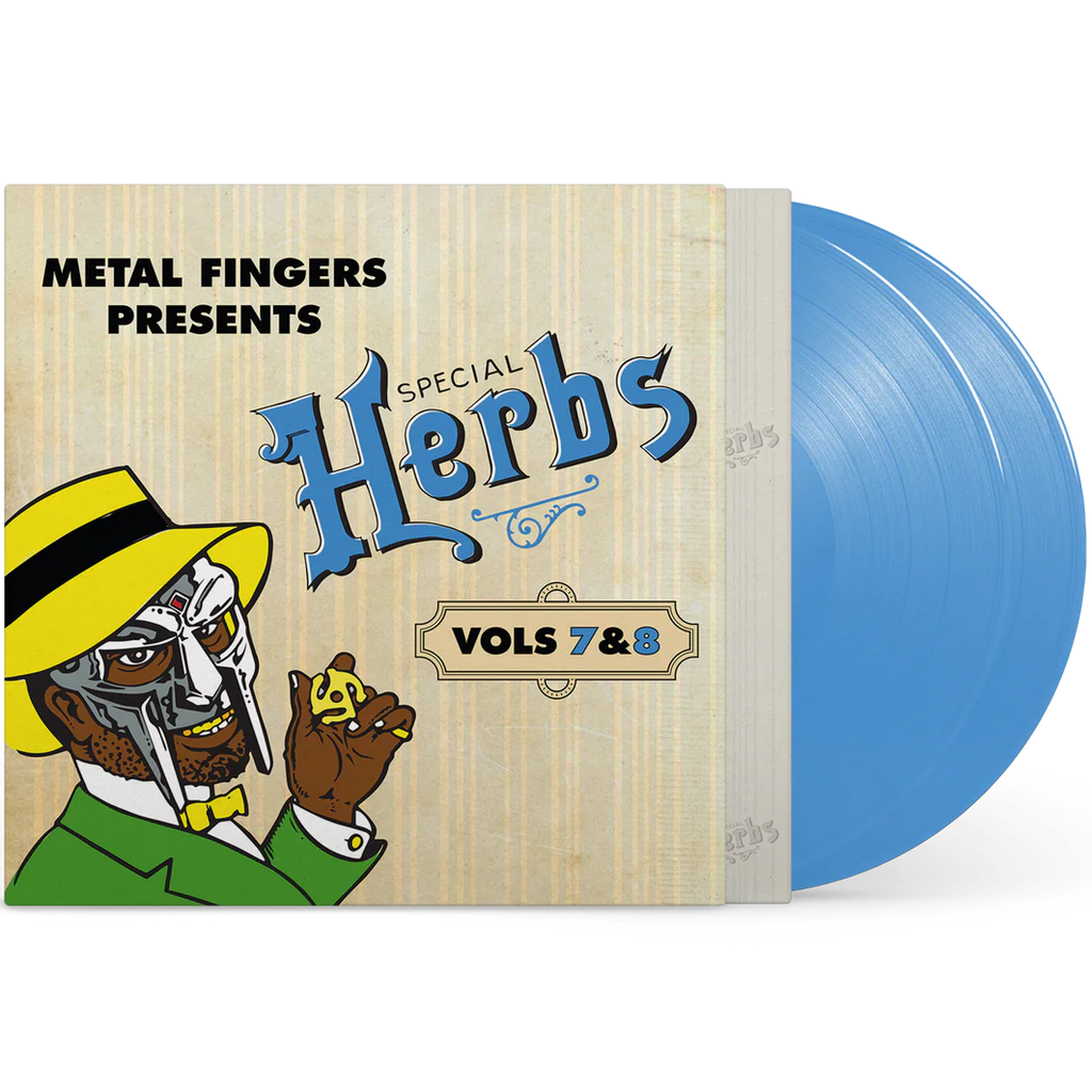 Sky blue vinyl record of MF Doom's Metal Fingers Presents: Special Herbs Vol. 7 & 8 by Rhymesayers Entertainment.