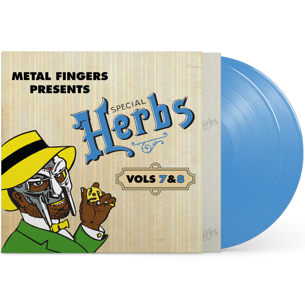 Sky blue vinyl record of MF Doom's Metal Fingers Presents: Special Herbs Vol. 7 & 8 by Rhymesayers Entertainment.