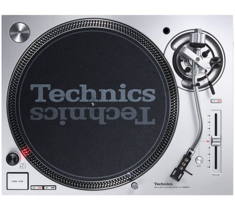 Technics SL-1200 MK7 DJ turntable with sleek black finish, tonearm, and control knobs, ready for professional DJ setup.
