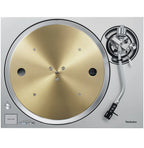 Technics SL-1300G turntable with a sleek black finish, featuring a tonearm and control knobs on the top surface.