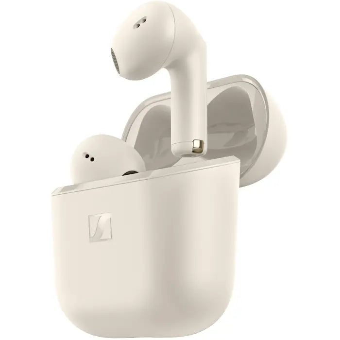 Sennheiser Accentum Open wireless in-ear headphones with Bluetooth and built-in microphone, black design, close-up view.