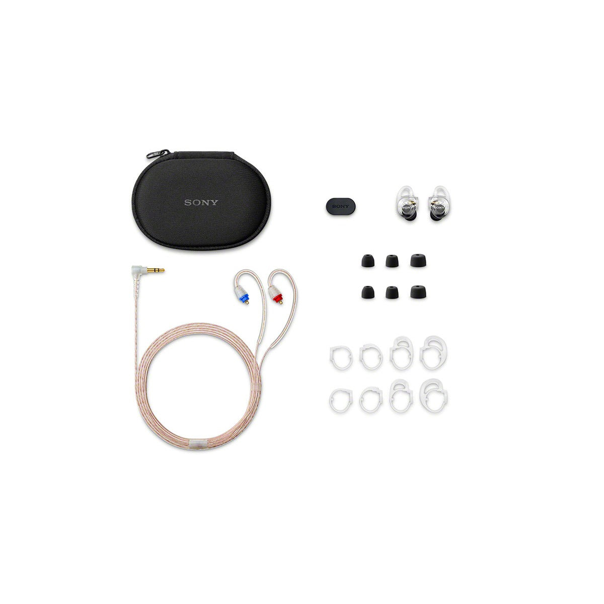 Sony IER-M500 box contents: carrying case, detachable cable, ear tips and ear hangers