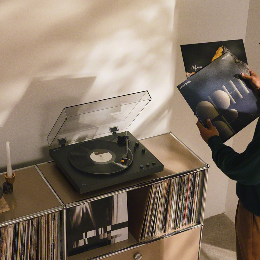 Sony PS-LX5BT turntable with a sleek design and built-in Bluetooth, featuring a tonearm and platter for vinyl playback.