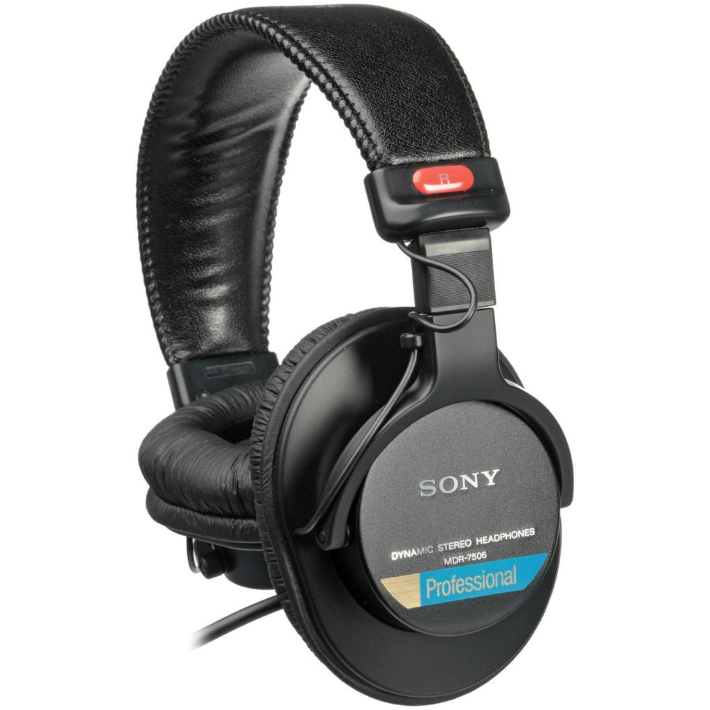 Sony MDR-7506 studio headphones shown with over-ear design, adjustable headband, and padded ear cups for professional audio monitoring.