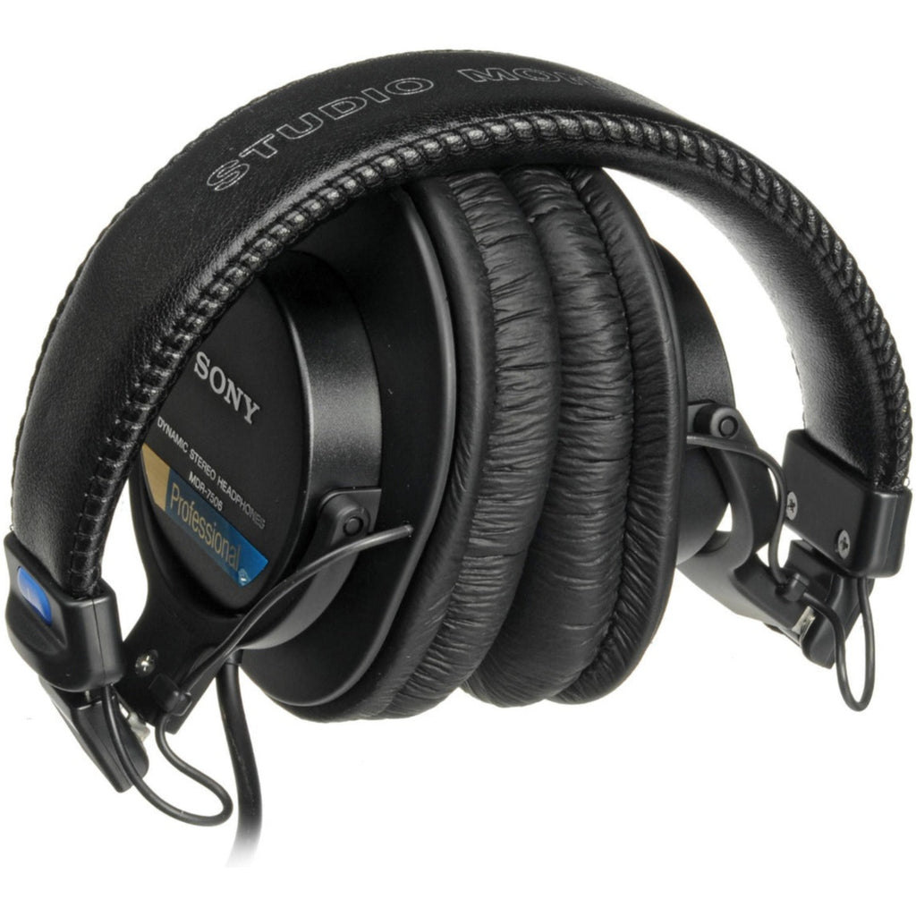 Sony MDR-7506 studio headphones shown with over-ear design, adjustable headband, and closed-back ear cups for professional audio monitoring.
