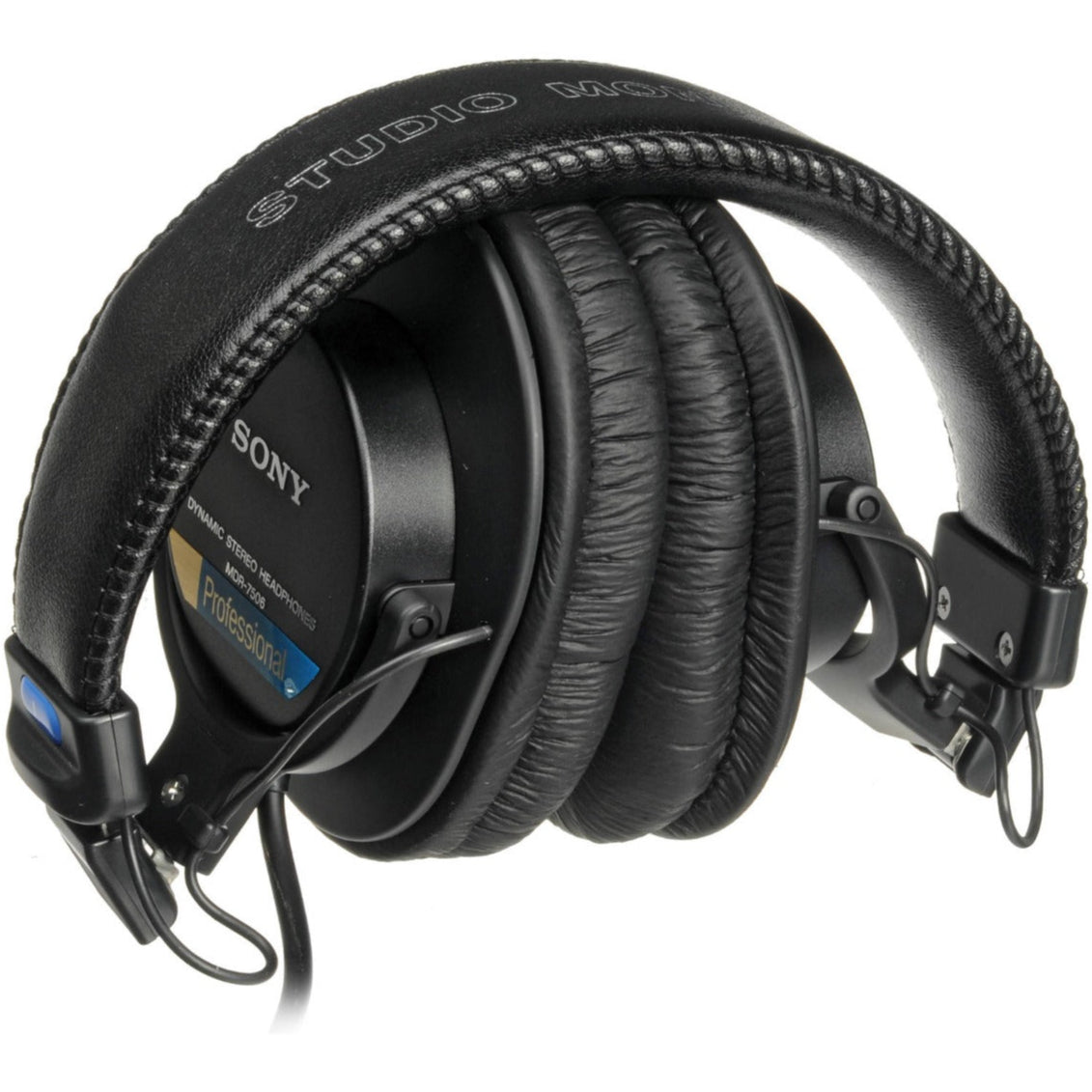 Sony MDR-7506 studio headphones shown with over-ear design, adjustable headband, and closed-back ear cups for professional audio monitoring.