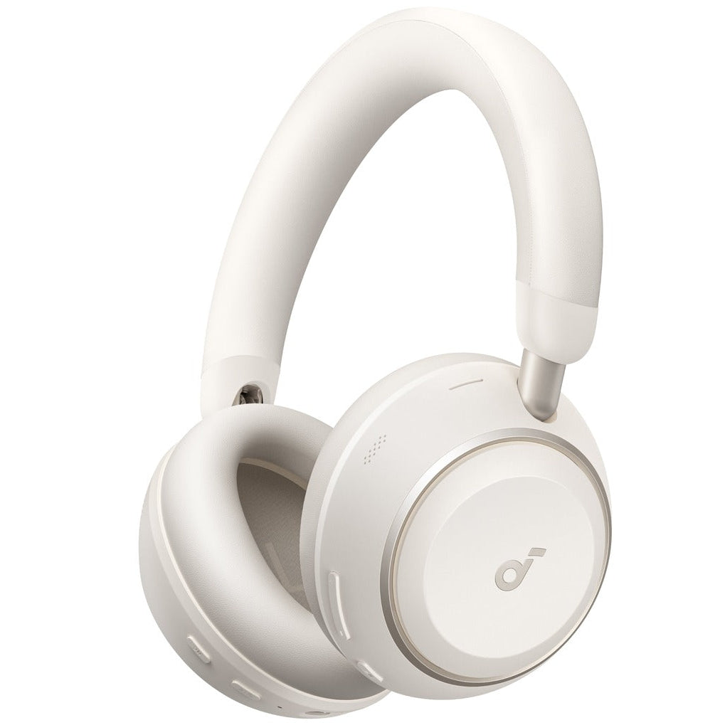 Wireless Soundcore Space 2 headphones in linen white with over-ear design and padded ear cups for comfortable listening.